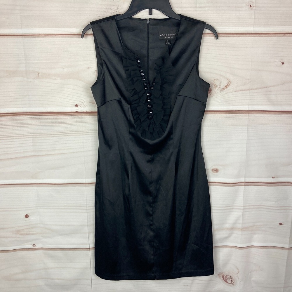 Connected Apparel Dress Women 6 Black Satin Rhinestone Sheath Sleeveless Stretch